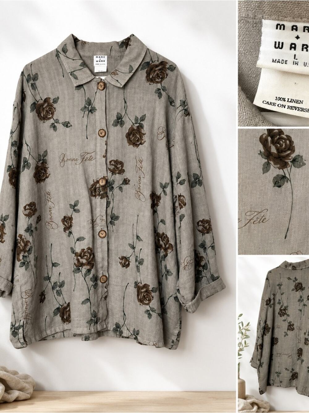 Hot Cotton Marc Ware Women’s L 100% Linen Floral Button Front Lagenlook Top USA